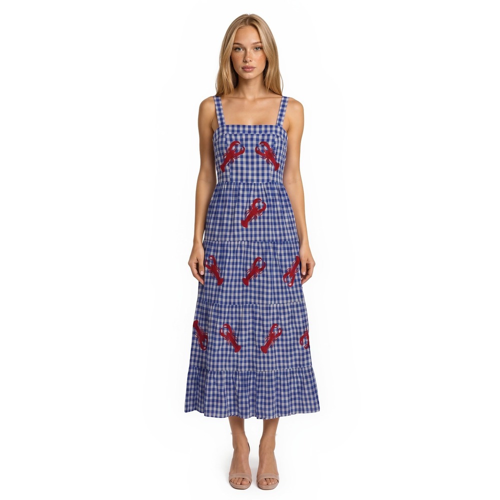 NEW Sugarlips Lobster Midi Dress Women's Size Small Blue Gingham Check Tiered